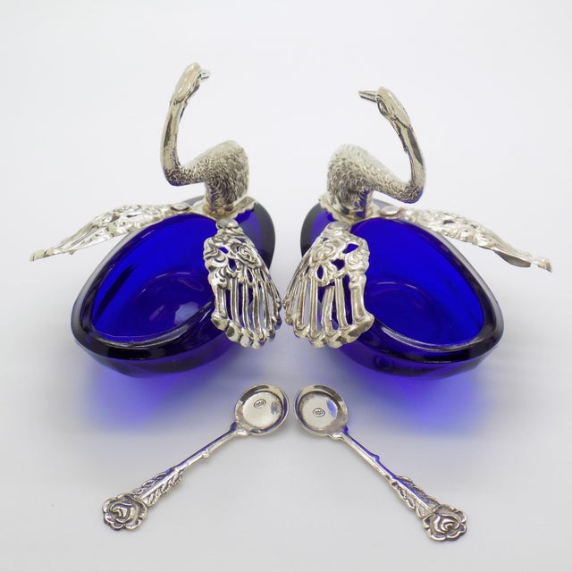 Metal Vintage Italian Sterling Silver 800 Swan Salt Cellars with Cobalt Glass Liners and Spoons, 1970s, Set of 4 For Sale - Image 7 of 13
