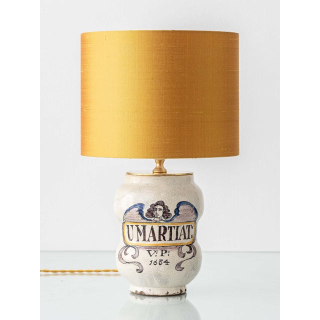 Italian Apothecary Jar Table Lamp with New Dupion Silk Lampshade from Deruta, 1800s For Sale - Image 12 of 12