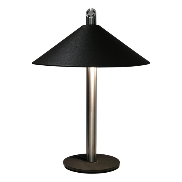 Postmodern Table Lamp with Black Cone Shade and Brushed Aluminum Stem, 1980s For Sale