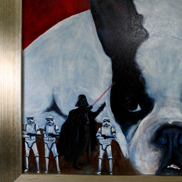 Early 20th Century Framed Boston Terrier Dog Portrait With Star Wars Figurines Oil Painting For Sale - Image 9 of 11