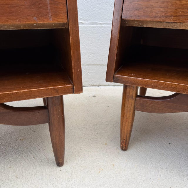 Mid 20th Century Pair of American of Martinsville “Dania” Walnut Drop-Down Mid Century Modern Nightstands For Sale - Image 11 of 12