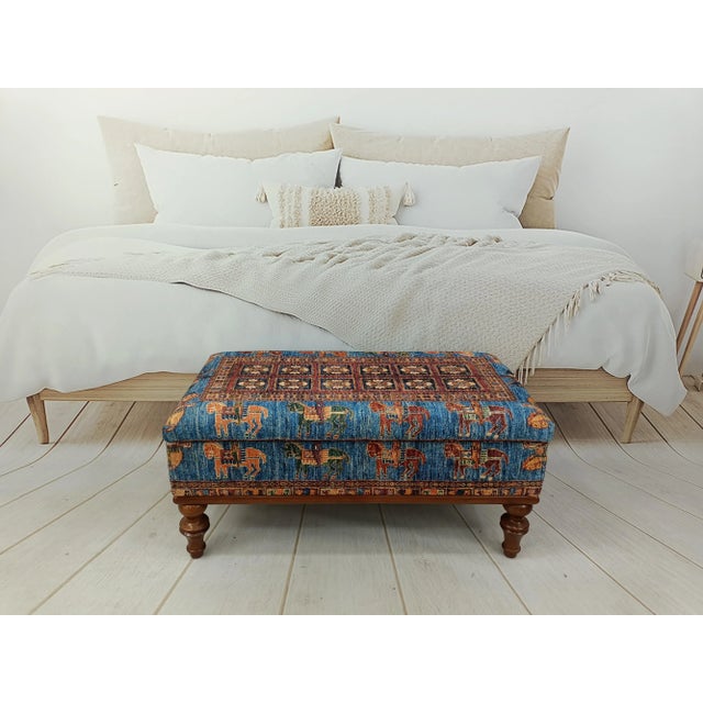 Cornflower Blue Horse Design Rug Print Fabric Upholstered Hallway Storage Bench For Sale - Image 8 of 8