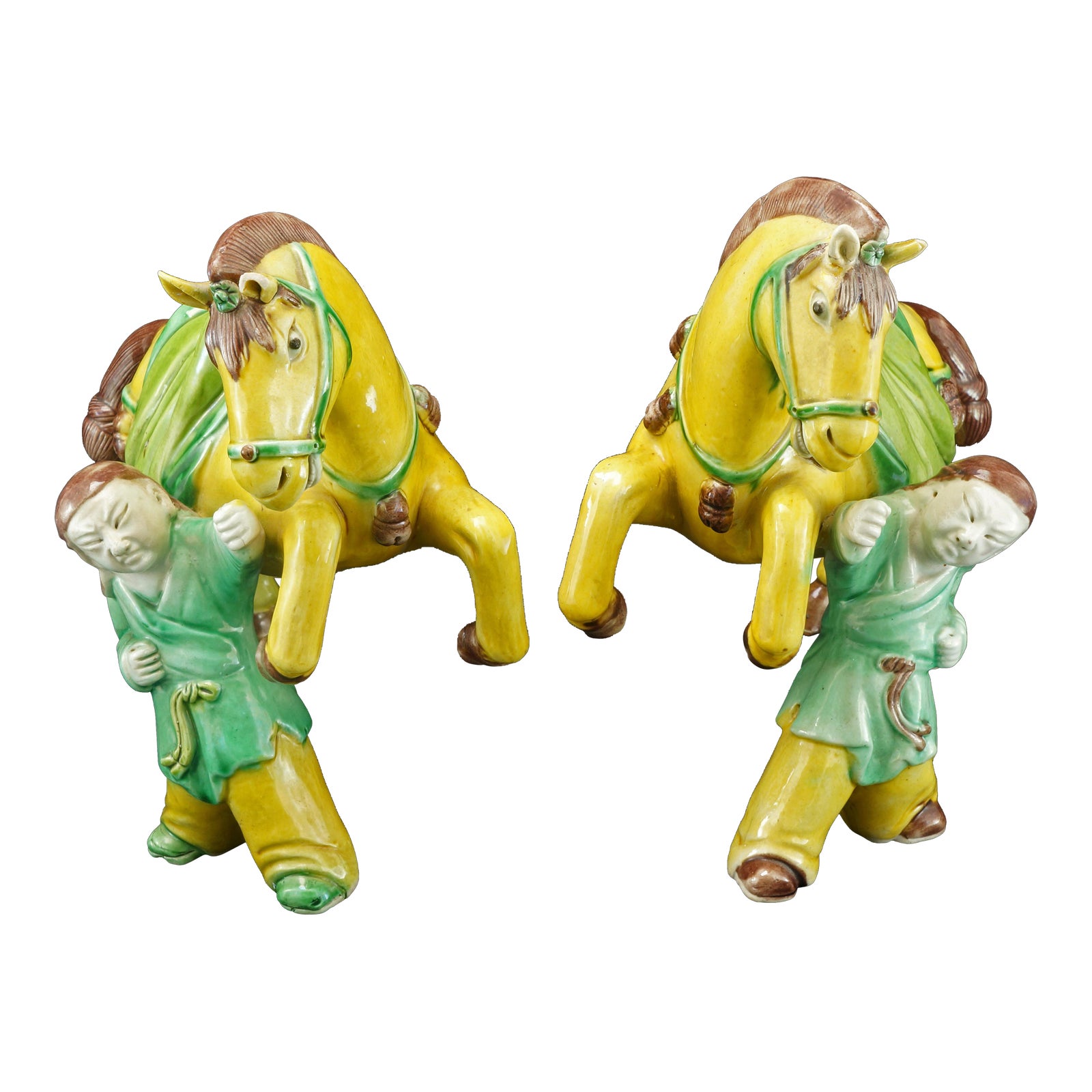 Mirror Pair of Chinese Porcelain Horse With Groom Figures Circa 1920