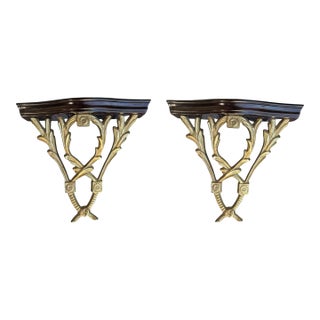 Vintage Chelsea House Polished Brass Laurel Leaves and Wood Decorative Wall Brackets- A Pair For Sale