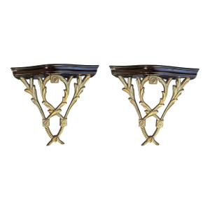 Vintage Chelsea House Polished Brass Laurel Leaves and Wood Decorative Wall Brackets- A Pair