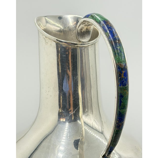Vintage Los Castillo Taxco Silver Plate, Malachite & Lapis Lazuli Water Pitcher For Sale - Image 17 of 18
