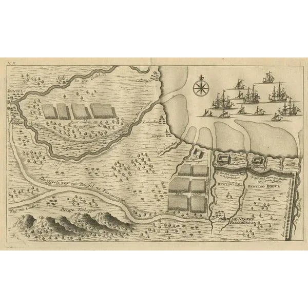 Antique print of the region around Pasuruan near Surabaya, Indonesia. It shows the location of rice fields, the village...