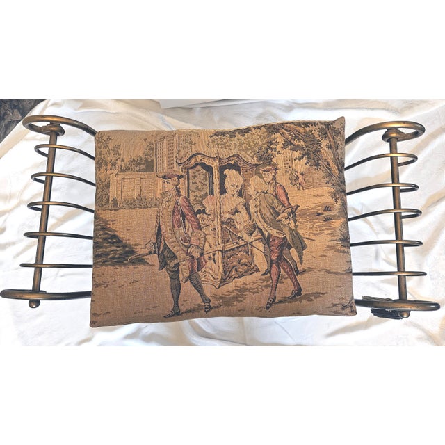 Hollywood Regency Mid-Century Italian Hollywood Regency Gilt Metal Rope & Tassel Vanity Bench With Tapestry Seat For Sale - Image 3 of 8