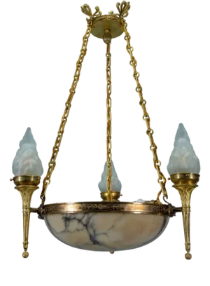 Early 20th Century French Empire Alabaster, Glass, and Bronze Six-Light Chandelier, 1890s