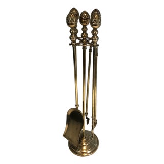 Set of 5, 1970s Neoclassical brass pineapple fireplace tools in the style of Maison Baguès For Sale
