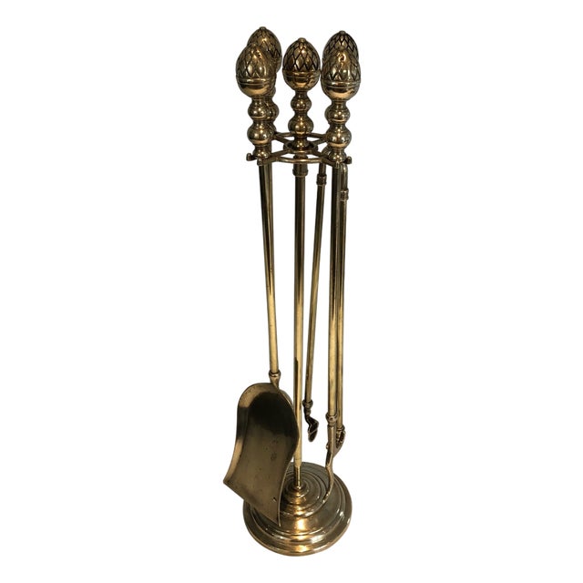 Set of 5, 1970s Neoclassical brass pineapple fireplace tools in the style of Maison Baguès For Sale