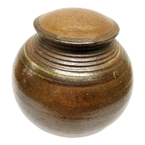 1970s Studio Pottery Stoneware Salt Glaze Covered Moon Jar Brown Signed S Bernhardt