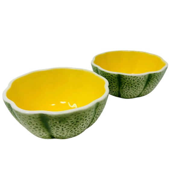 1960s Mid 20th Century "Noir" Cantaloupe Fruit Bowls| Unmarked Knobler Style | Realistic Japanese Majolica - Set of 2 For Sale - Image 5 of 9