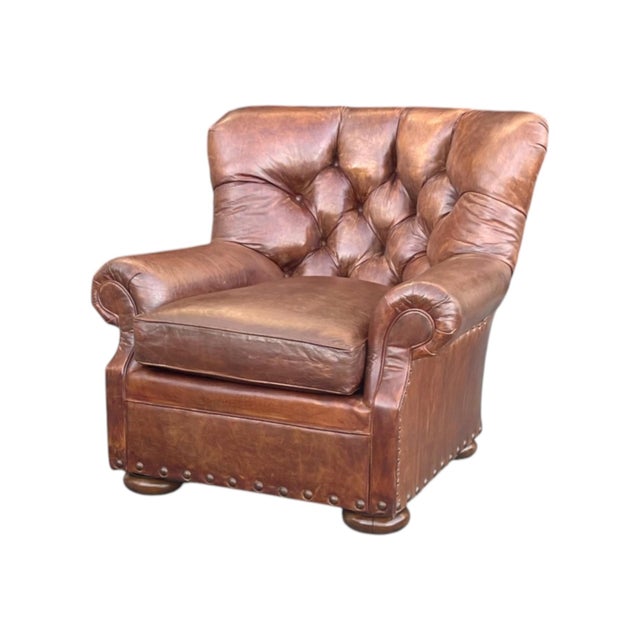 English Chesterfield Style Tufted Leather Armchair & Ottoman For Sale - Image 9 of 14