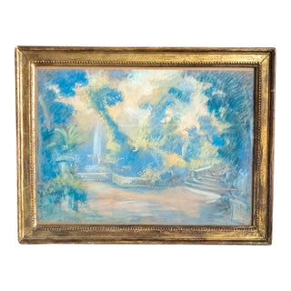 19th Century French Impressionist Oil Pastel Study of a Garden in Giltwood Frame For Sale