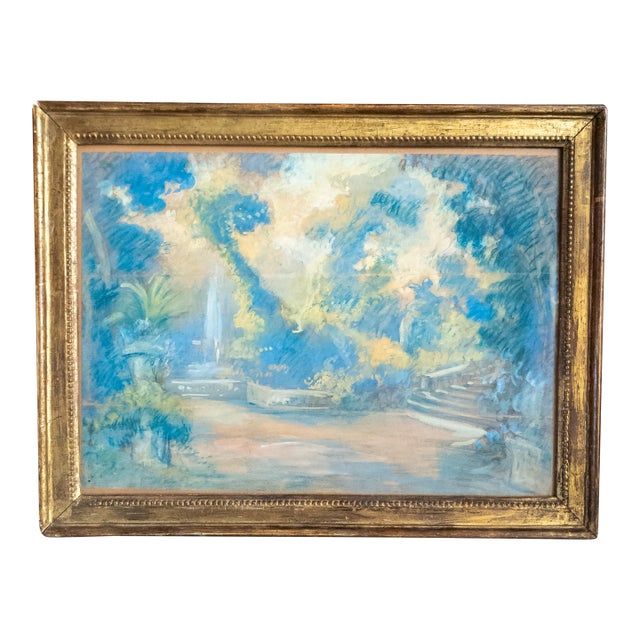 19th Century French Impressionist Oil Pastel Study of a Garden in Giltwood Frame For Sale