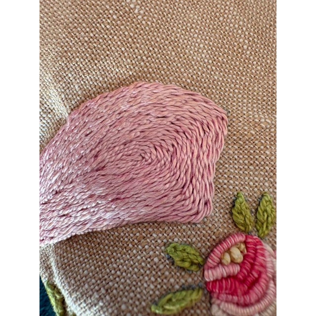 Vintage French Hand Embroidered Lady Textile Panel, Circa 1970s, Dimensional Roses and Flowers, Unfinished Pillow Fragment For Sale In Philadelphia - Image 6 of 13