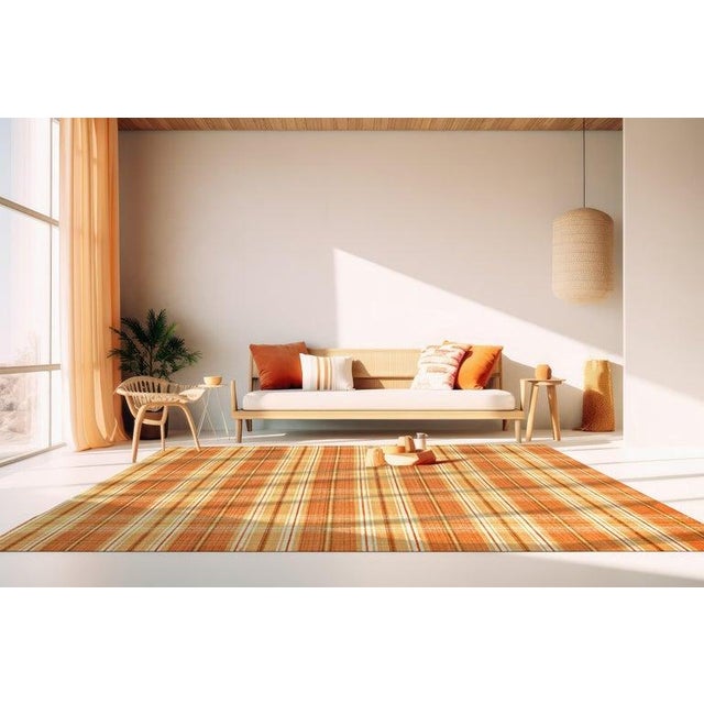 Contemporary 8x10 Yellow Flat Weave Wool Tartan Kilim Geometric Modern Carpet Rug For Sale - Image 3 of 7