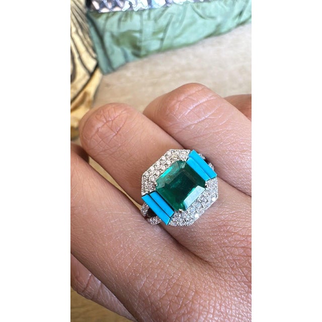 2020s Set in 18k Gold, Zambian Emerald, Natural Turquoise & Diamonds Engagement Ring, Size 6 For Sale - Image 5 of 8