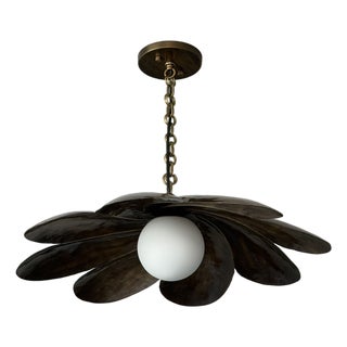Handmade Black Antique Brass Finish Pendant Light, Floral Metal Ceiling Light, Milk Glass Globe, Vintage Home Decor For Sale