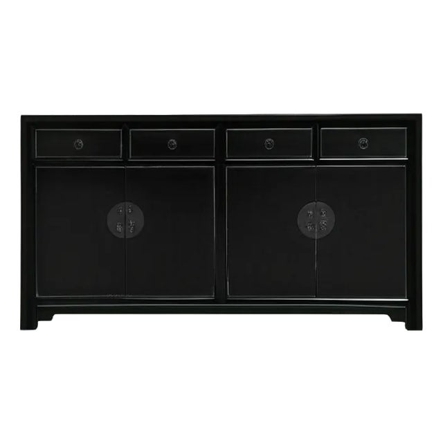 Oriental Black 4 Drawers Moon Face Sideboard Buffet Table Cabinet For Sale