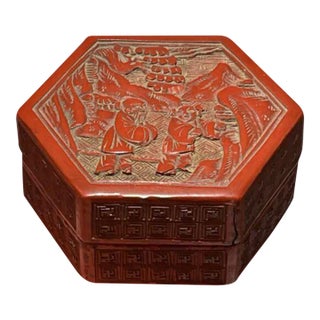 Antique Chinese Cinnabar Hexagon Box Carved With Figures For Sale