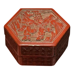 Antique Chinese Cinnabar Hexagon Box Carved With Figures