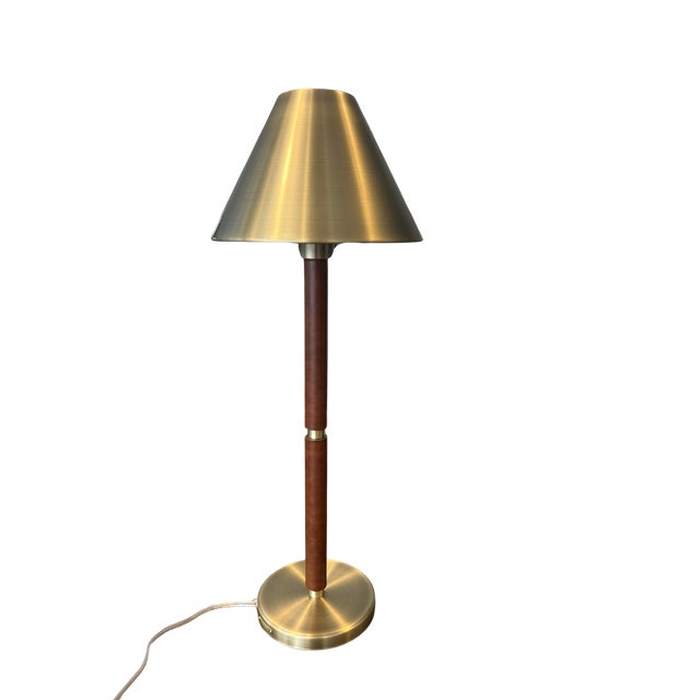 Mid-Century Modern Lauren Ralph Lauren Home Brass & Leather Buffet Table Lamps – Campaign Style Designer Lighting - Pair For Sale - Image 6 of 11