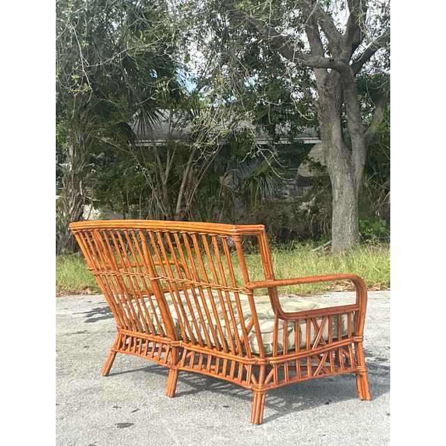 Boho Chic Vintage Coastal Bent Rattan Fern Print Loveseat For Sale - Image 3 of 8