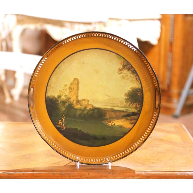 Late 19th Century 19th Century French Hand-Painted Round Tole Tray With Romantic Landscape Scene For Sale - Image 5 of 7