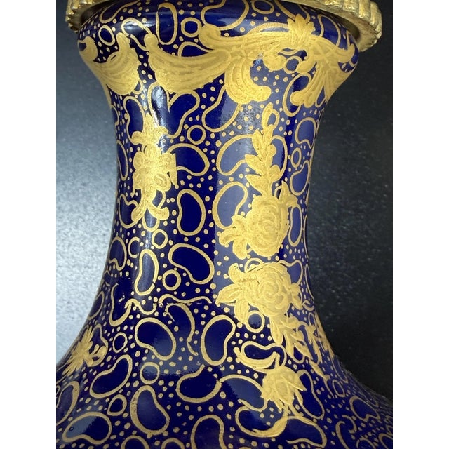 Cobalt Blue Porcelain Vase with Gilt Figural Reserve in the style of Sèvres, Befos For Sale - Image 5 of 18