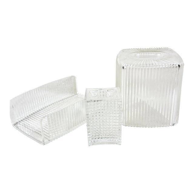 Vintage MCM Lucite Vanity Set of Three-Tissue Box Cover Toothbrush Holder and Napkin Holder For Sale