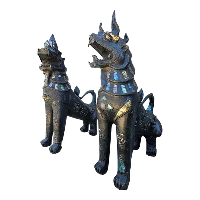 1950s Large Jeweled Burmese Bronze Chinthe Guardian Lion Foo Dogs, 2 Pieces For Sale