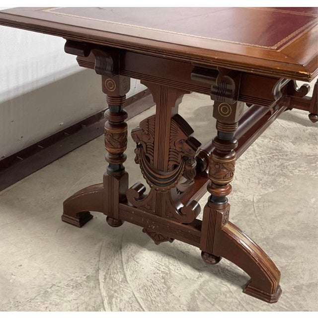 Late 19th Century Antique Renaissance Revival Carved Walnut Library Table / Writing Desk — Leather Top For Sale - Image 5 of 8