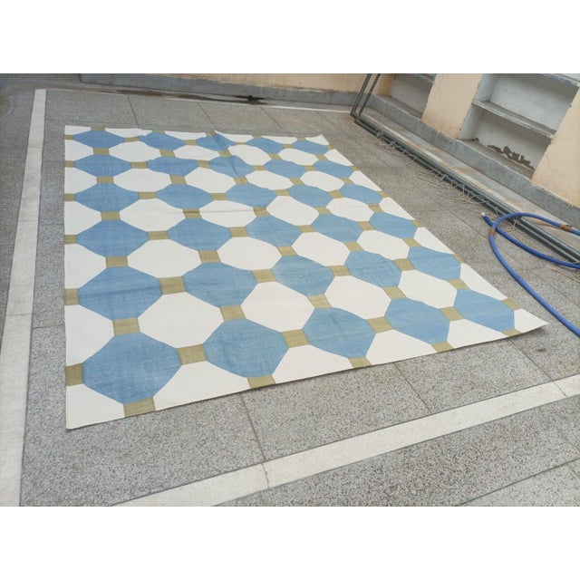 Handmade Cotton Flat Weave Area Rug, Teal Blue, Cream and Olive Green Tile Dhurrie - 8'x10' For Sale - Image 10 of 13