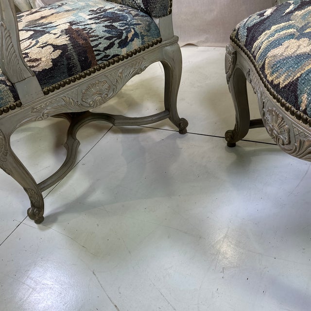 Vintage Pair of Aubusson Needle Point French Style Arm Chairs in Painted Walnut Frames For Sale - Image 9 of 12