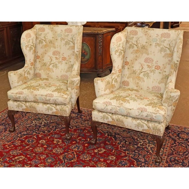 Traditional 1980s Pair of Kittinger Colonial Williamsburg Scalamandre Fabric Fire Side Wing Chairs For Sale - Image 3 of 15