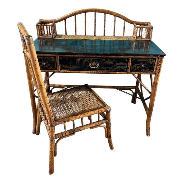 Vintage Chinoiserie, Burnt Bamboo and Rattan Desk and Chair in the British Colonial Style Chair Dimensions: 39 3/4” H X 17 1/4” Seat H , Seat D/ W 17” For Sale