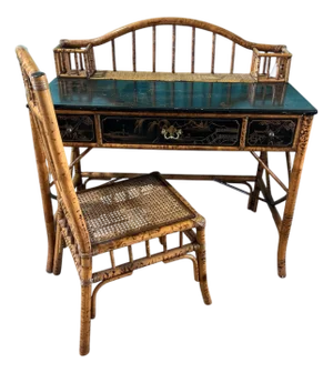 Vintage Chinoiserie, Burnt Bamboo and Rattan Desk and Chair in the British Colonial Style Chair Dimensions: 39 3/4” H X 17 1/4” Seat H , Seat D/ W 17”