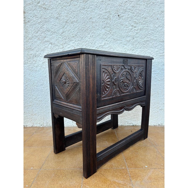 Spanish Renaissance Revival Carved Oak Chest with Lift Top, Early 20th Century For Sale - Image 10 of 16