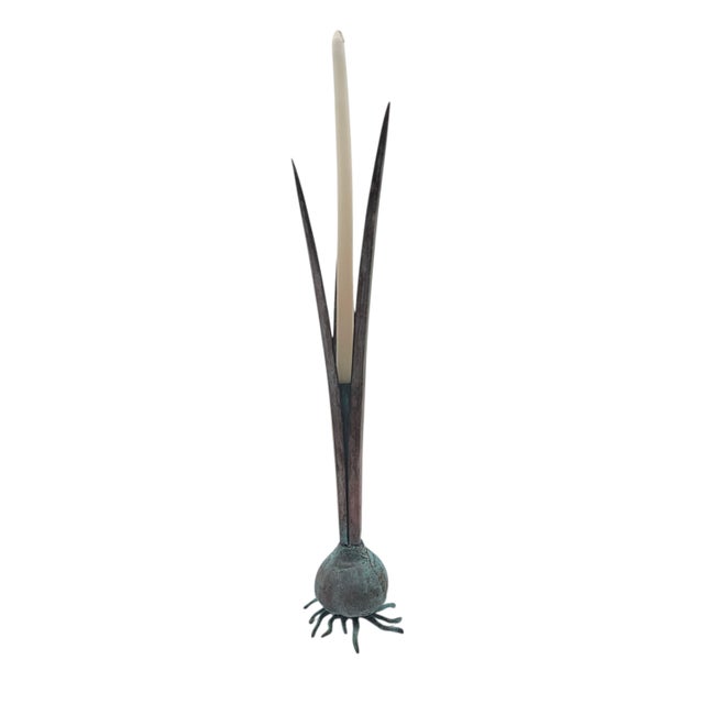 Metal Vintage Verdigris Cattail Candleholders, Copper Bronze Metal, Pair, 13" For Sale - Image 7 of 13