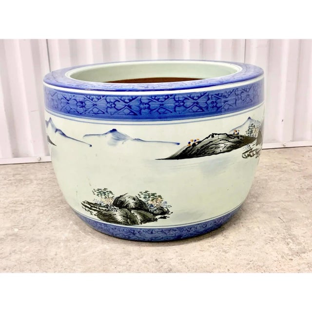 Vintage Chinese Blue & White Porcelain Fishbowl Planter With Shan Shui Landscape For Sale - Image 4 of 8