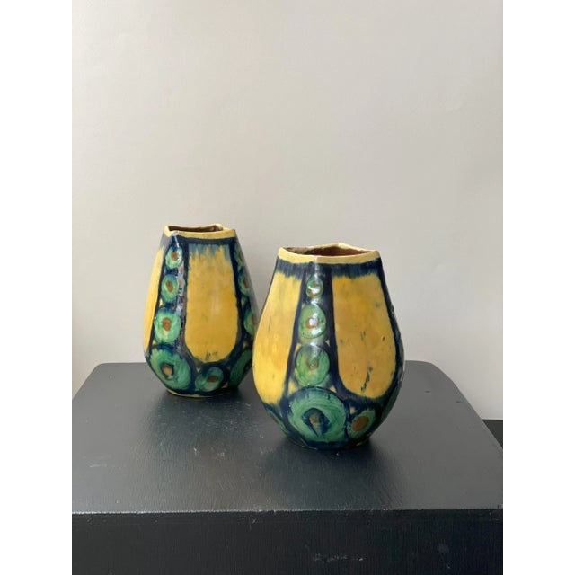 Forest Green Vintage Green and Yellow Vases, Set of 2 For Sale - Image 8 of 13