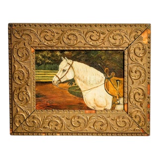 Charming Antique 19th Century Equestrian Oil Painting White Horse Portrait Folk Art Equestrian English Country Home Decor For Sale