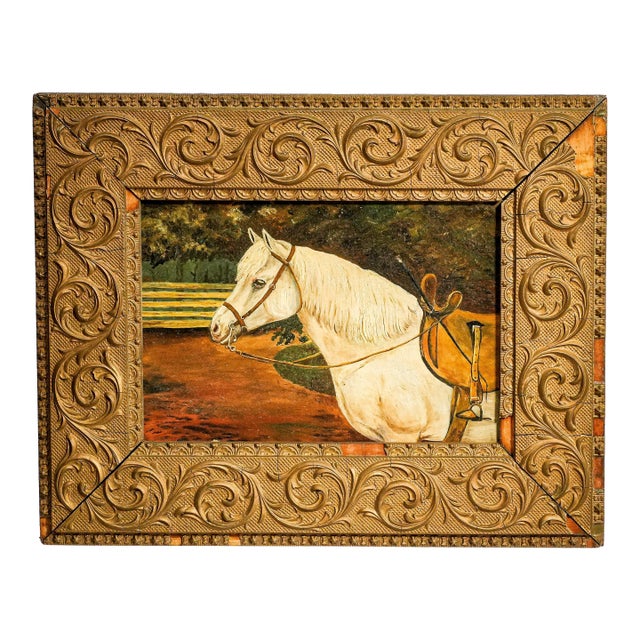 Charming Antique 19th Century Equestrian Oil Painting White Horse Portrait Folk Art Equestrian English Country Home Decor For Sale