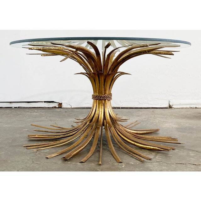 Hollywood Regency Vintage Hollywood Regency Style Gilt Sheaf of Wheat Round Glass Top Table For Sale - Image 3 of 10