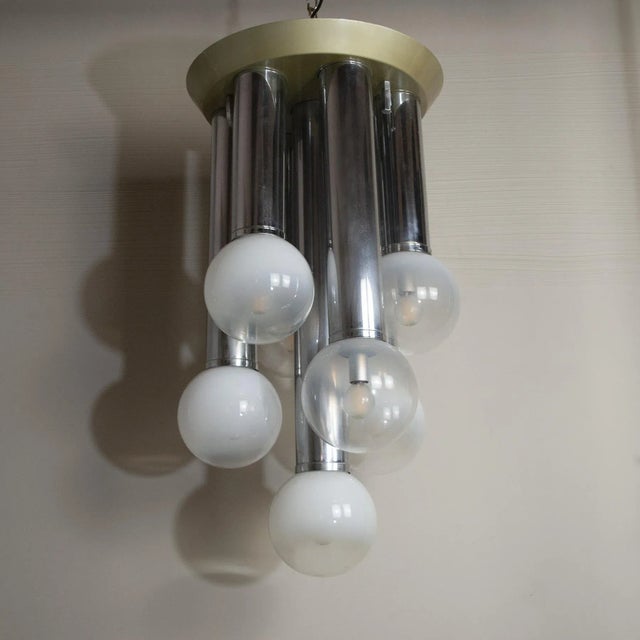 Suspension Chandelier With 7 Lights in Satin Glass, Italy, 1970s For Sale - Image 10 of 10