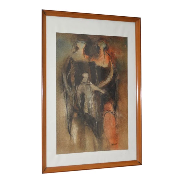 Mid Century Modern "Family Group" Mixed Media Painting C.1961 For Sale