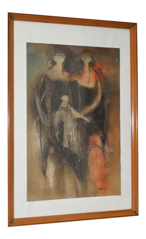 Mid Century Modern "Family Group" Mixed Media Painting C.1961