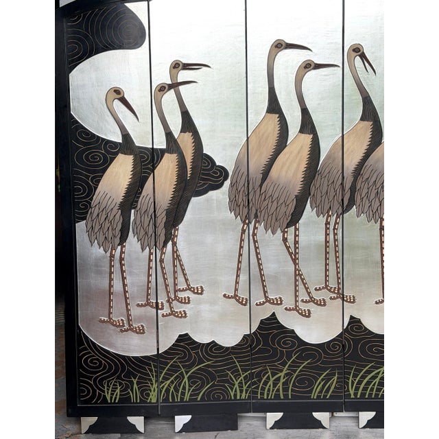 Late 20th Century Art Deco Style Six-Panel Silver Leaf Crane Screen, Hong Kong, Circa 1980 For Sale - Image 5 of 18